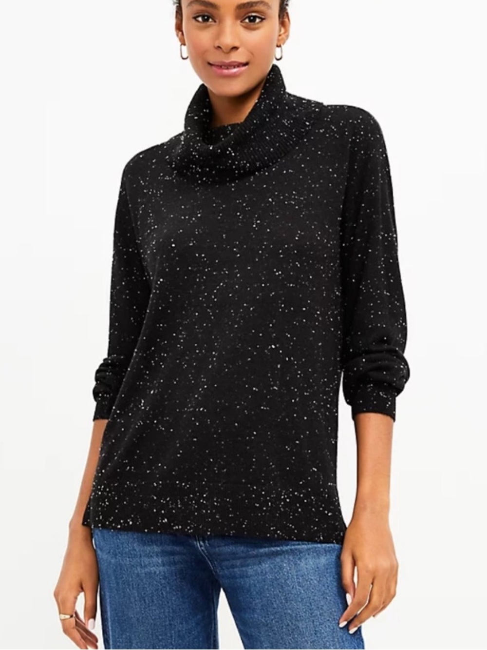 LOFT Black Speckled Cowl Neck Tunic Midweight Oversized Sweater